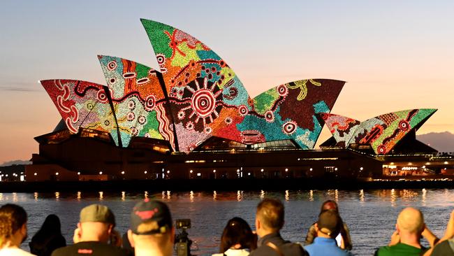 Western Desert artist and elder Yadjidta David Miller’s artwork was projected onto the Sydney Opera House at dawn today. Picture: NCA NewsWire / Jeremy Piper