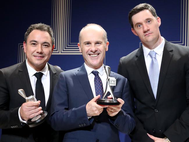 Sam Pang, Tom Gleisner and Ed Kavalee pose with the Logie Award for Most Outstanding Entertainment Program. Picture: Scott Barbour