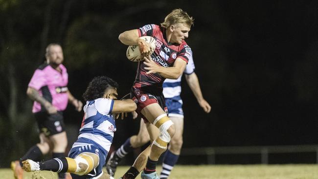 Dylan Chown pushes through for Valleys against Brothers in TRL A grade round eight rugby league at Glenholme Park, Saturday, June 3, 2023. Picture: Kevin Farmer