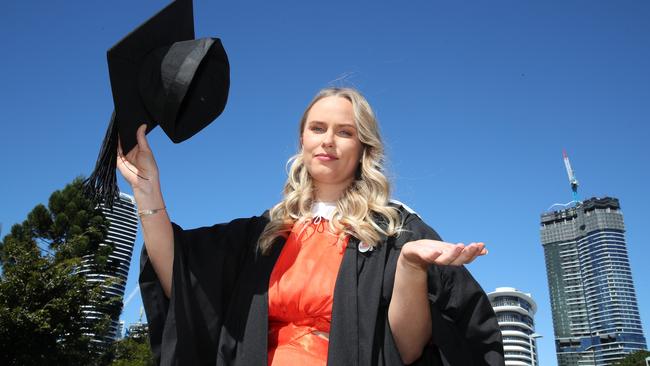 Griffith business school graduation at  Gold Coast convention Centre.Students were baneed from throwing their graduation hats and Anabella Johnson from kingscliff couldnt beleive it. (0468 822077). Picture Glenn Hampson