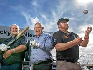 BIG HITS: Valley Raptors T20 cricket team co-owners Lance Pollock and Ian O'Brien with Bush Bash League organiser Kent Reimers. Picture: Dominic Elsome