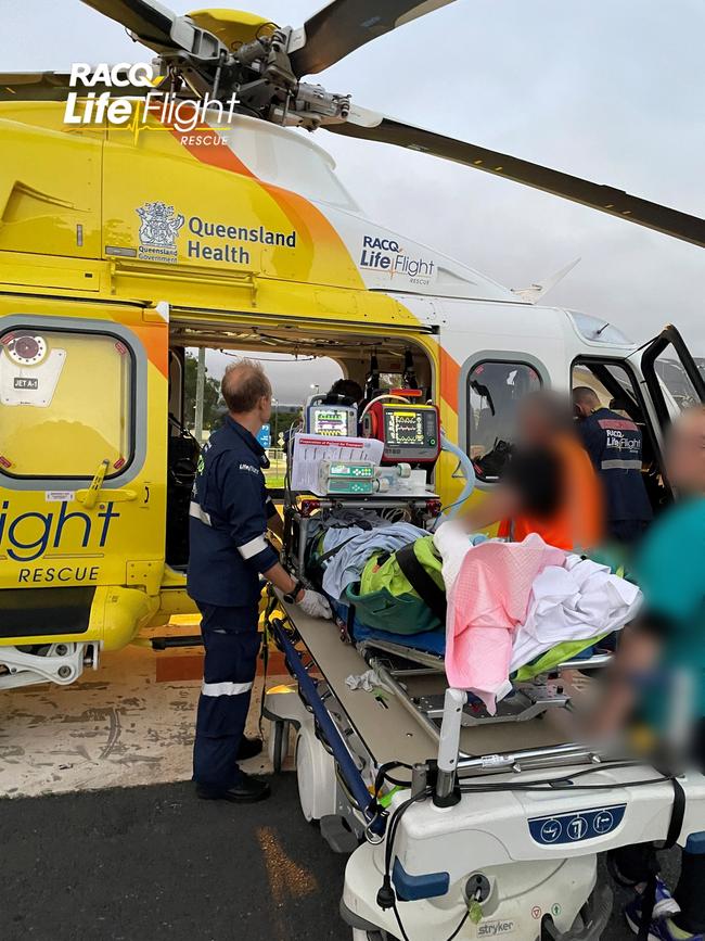 The Brisbane-based RACQ LifeFlight Rescue helicopter crew airlifted a teenager to Queensland Children's Hospital this morning after the car he was travelling in rolled over. The incident happened in the South Burnett region around 1am.It is believed the patient was flung through a window of the vehicle when it crashed. Picture and text: RACQ LifeFlight