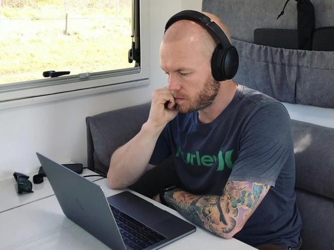 Linktree’s Mitch Malone works out of his caravan while travelling. Picture: Supplied