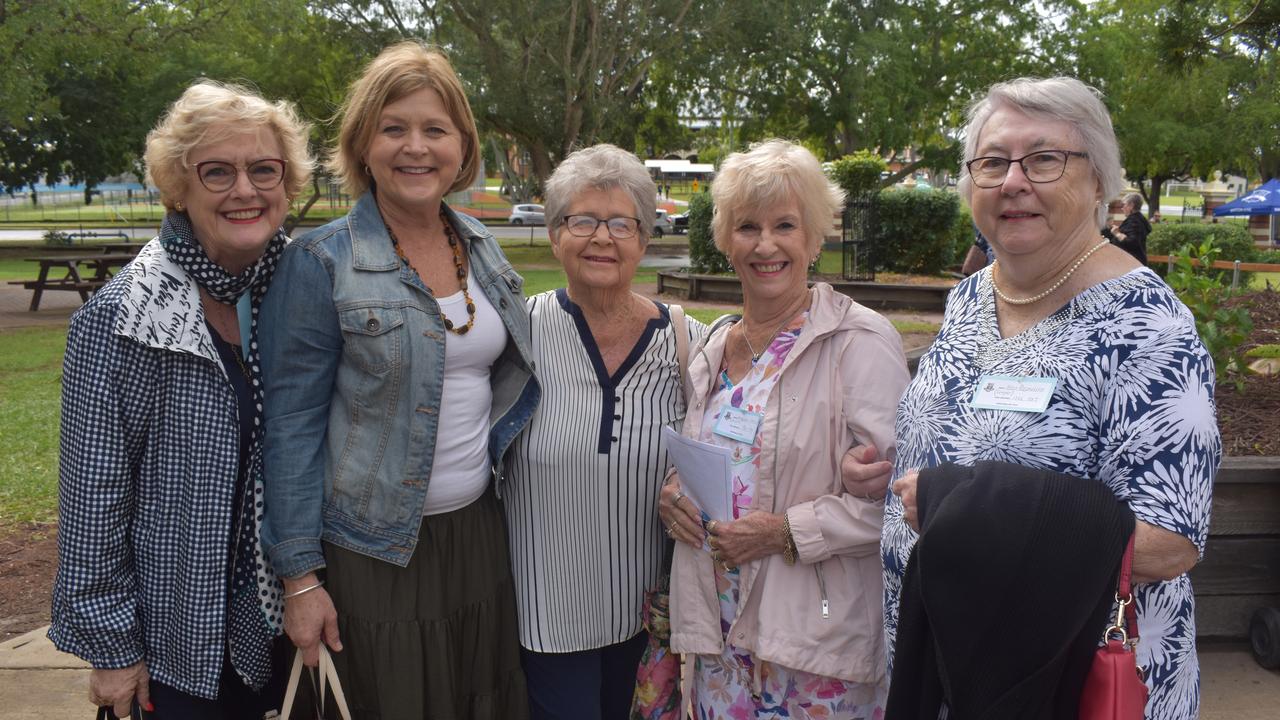 (L) former students Joyce Richards (1955 to 57), Trish Belt (1983-84), Janet Bray (1955-57), Margaret Lupton (1954-57) and Helen Rasmussen (1956 – 57) remember their school days while at the 140th anniversary celebrations. Photo: Stuart Fast