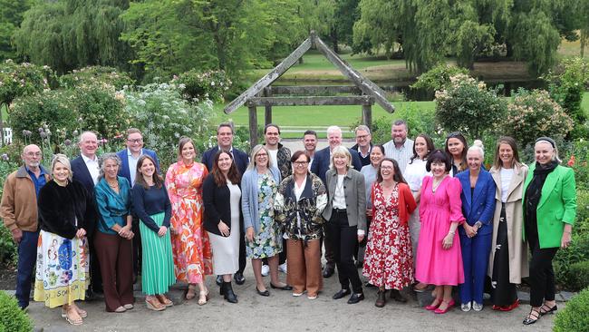 Shine overall winner Sharon Winsor is flanked by Herald and Weekly Times chairman Penny Fowler, Harvey Norman chief executive Katie Page and winners and guests at the Shine Awards presentation at Cruden Farm in Langwarrin.