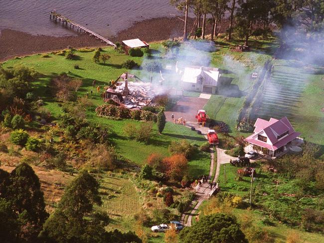 The smouldering remains of the Seascape guesthouse, near Port Arthur.