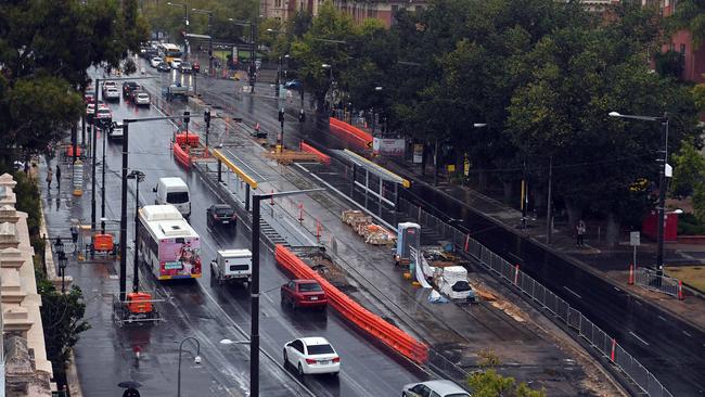 Tram extension work on North Tce in front of the old RAH facing East Tce. Picture: Tom Huntley