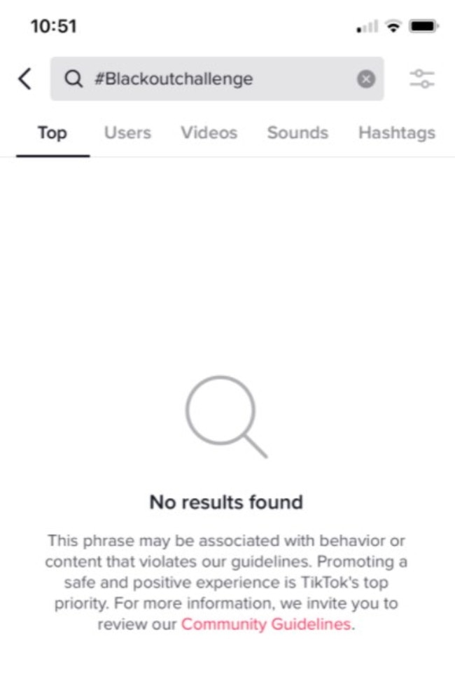 What now comes up when users search for the #Blackoutchallenge. Picture: Supplied.