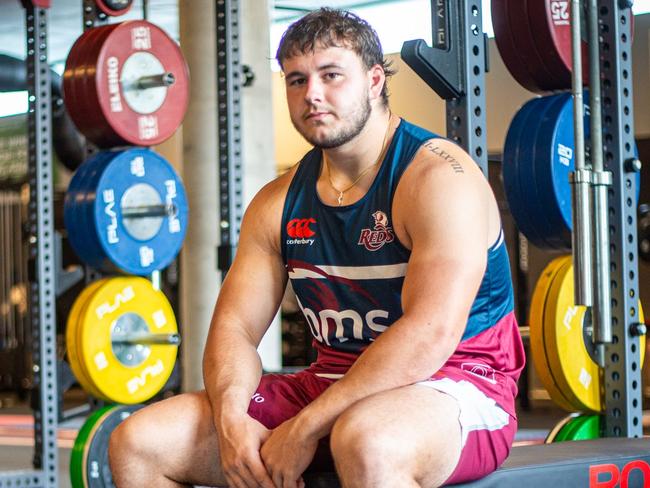 Reds prop Massimo De Lutiis in the Reds gym after bench pressing 202.5kg. Picture taken: Stefan Ahfuni