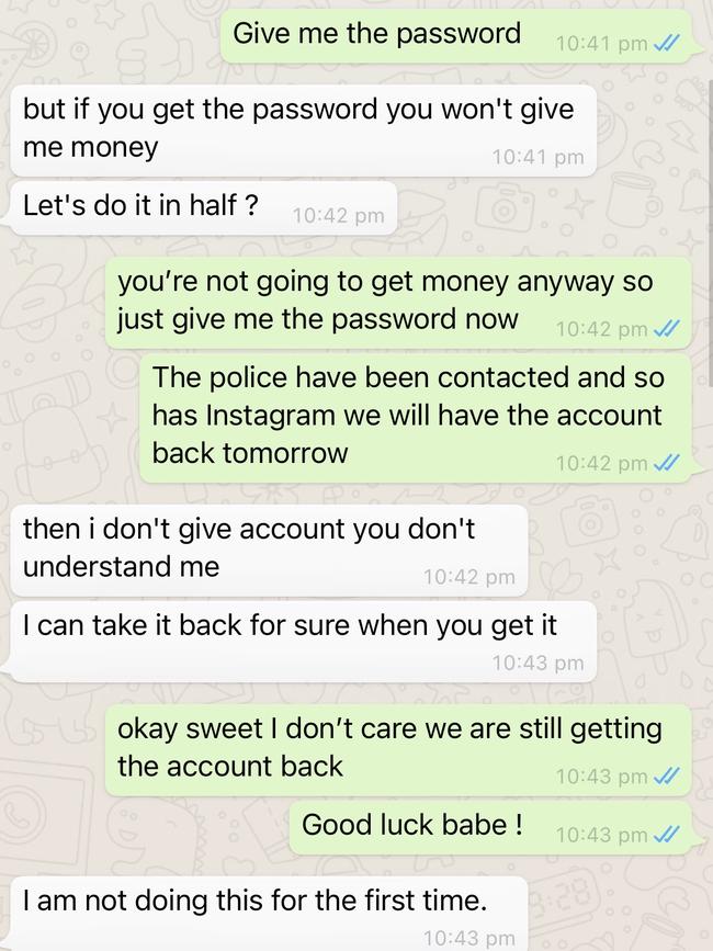 The hacker’s ransom conversation with Mr Pedrana’s sister on WhatsApp.