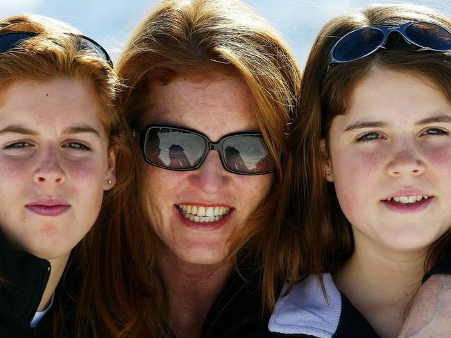 The Duchess of York and her daughters Princess Beatrice and Princess Eugenie in Verbier in 2004. Picture: Getty