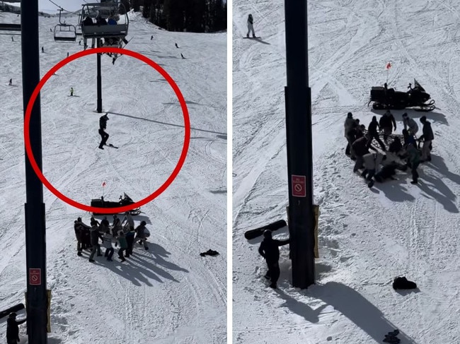 A tsnowboarder is seen dropping from a chair lift. lunar_rock_maxx / Instagram