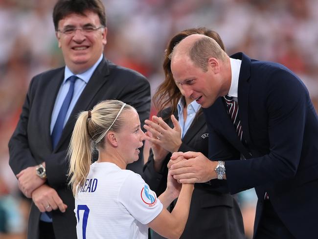 Beth Mead of England shakes hands with Prince William, Duke of Cambridge following the UEFA Women's Euro 2022 final match between England and Germany at Wembley Stadium. Picture: Getty Images