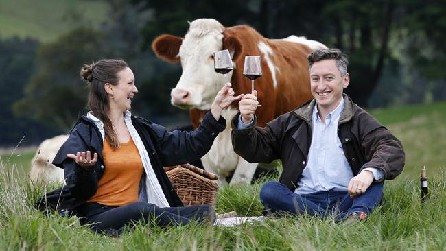 Jyoti Blencowe and Josh Butt toast to the success of their Txuleta 1882 operation. They fatten retired dairy cows on pasture for a year before processing into gourmet beef. Picture: David Caird