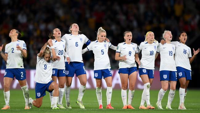 England players react to a miss during their successful penalty shootout against Nigeria. Picture: Getty