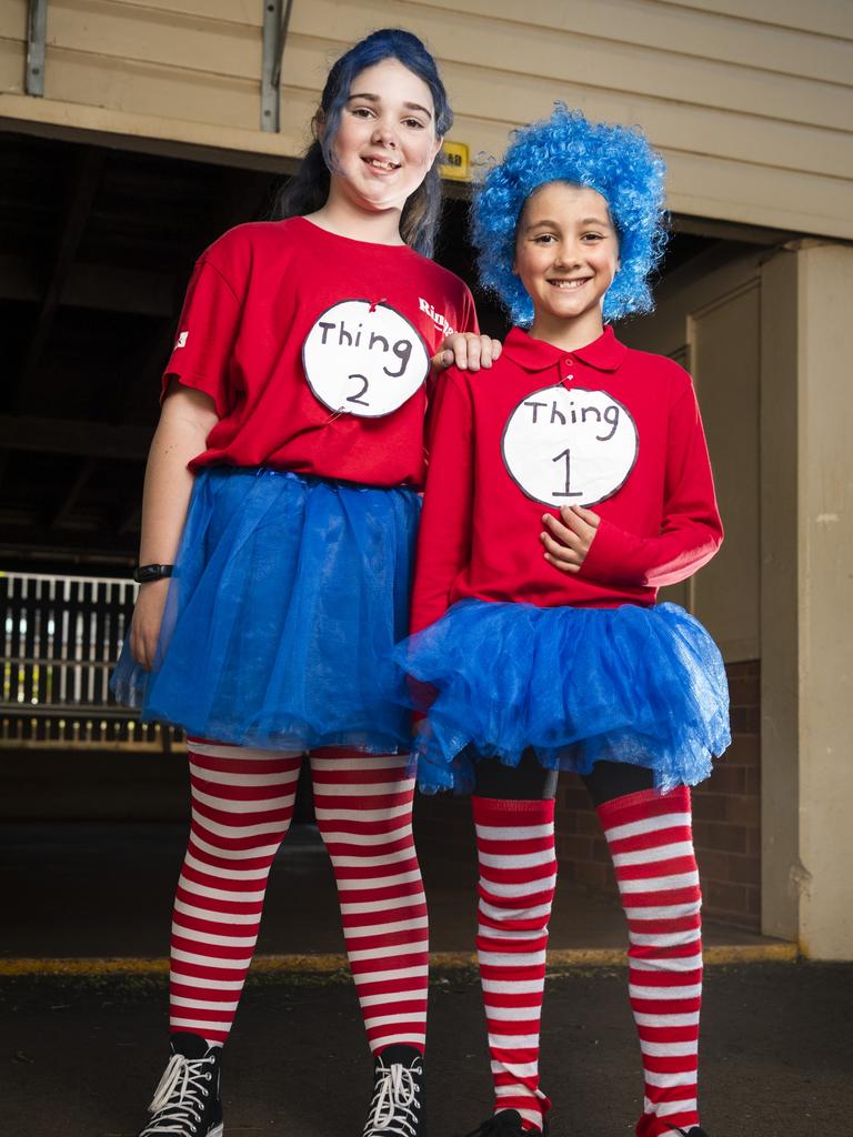 Anna Liebke (left) as Thing 2 and Georgia Payne as Thing 1 for Book Week at Rangeville State School, Friday, August 25, 2023. Picture: Kevin Farmer