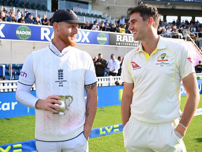 LONDON, ENGLAND - JULY 31: Ben Stokes of England and Pat Cummins of Australia interact following Day Five of the LV= Insurance Ashes 5th Test Match between England and Australia at The Kia Oval on July 31, 2023 in London, England. (Photo by Gareth Copley/Getty Images)
