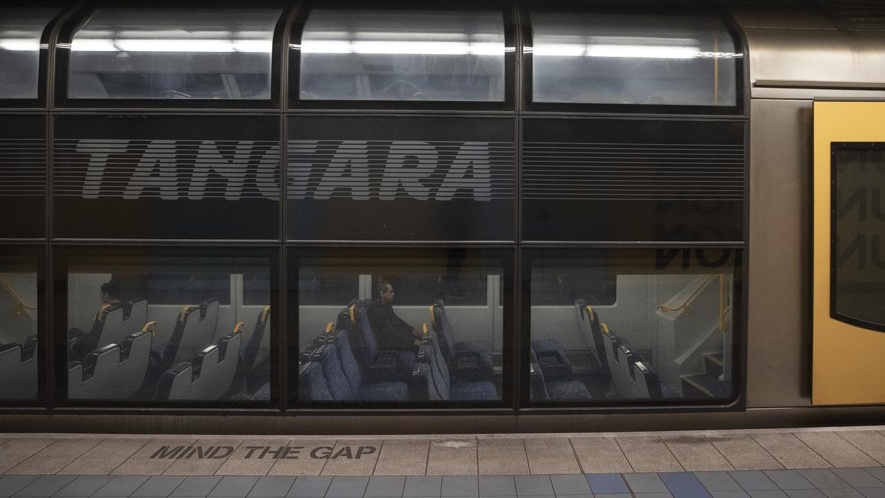 A passenger sits alone in a train carriage at Bondi Junction Station in Sydney. Picture: Getty Images