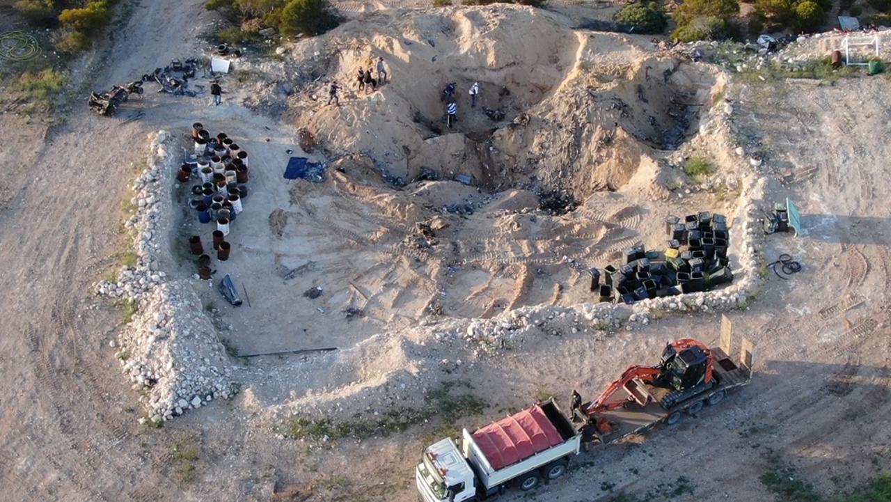 Drone shots show car remains at the Hells Angels’ Ponde property. Picture: Nine News