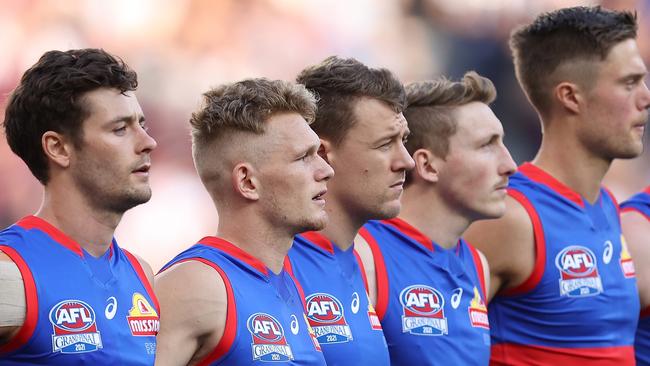 The Western Bulldogs’ players all had their first dose of a Covid-19 vaccine on Monday. Picture: Paul Kane / Getty Images