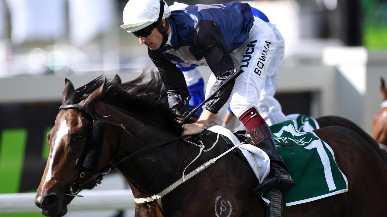 Hugh Bowman riding Salsonic to victory at Doomben in 2017. Picture: AAP