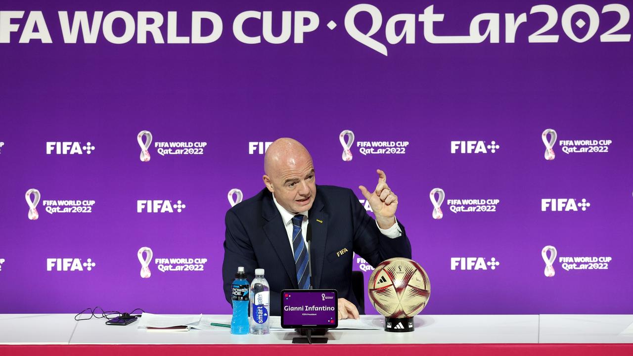 FIFA President Gianni Infantino speaks to media. (Photo by Alex Pantling/Getty Images)