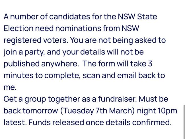 They offered to pay people $50 to nominate them as a candidate. Picture: Supplied