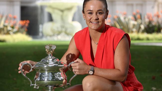 Ash Barty poses with the Australian Open trophy on Sunday. Picture: Michael Klein