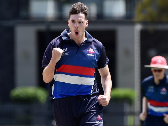 Premier Cricket: Footscray v Casey-South Melbourne at Merv Hughes Oval, Footscray. Batsman Ashley Chandrasinghe edged a catch to the keeper Dylan Kight, bowler Ben Roosenboom is pumped.  Picture: Steve Tanner