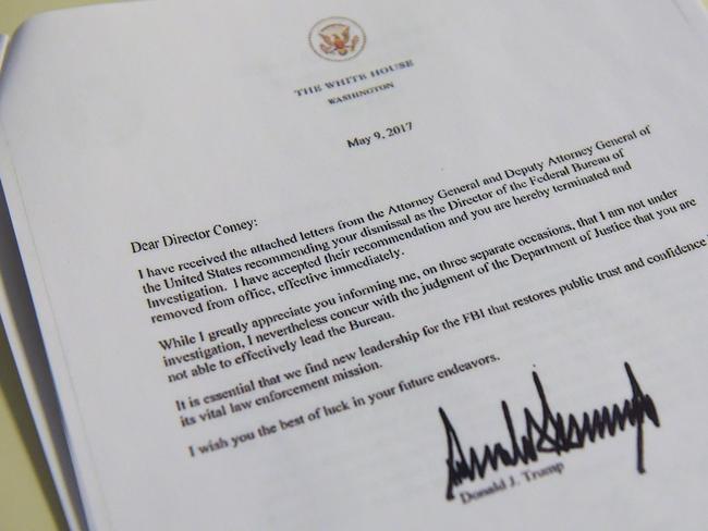 A copy of the termination letter to FBI Director James Comey. Picture: AFP