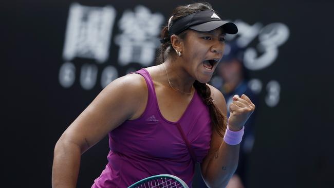 Destanee Aiava gets pumped up on her way to winning her final qualifying match on Thursday and advancing to the Australian Open main draw. Picture: Michael Klein