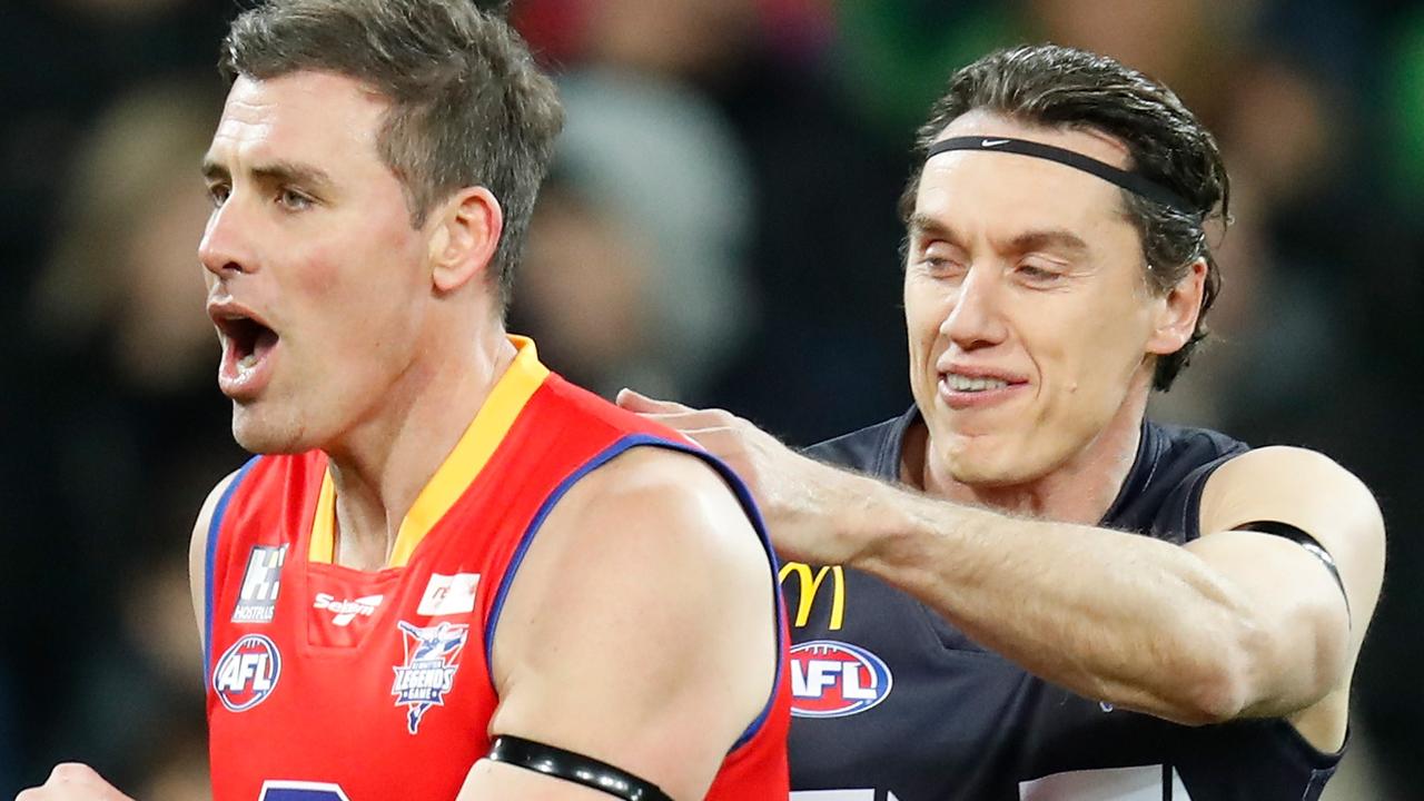 Matthew Richardson of the All Stars and Anthony Koutoufides of Victoria in action during the 2019 EJ Whitten Legends Game.