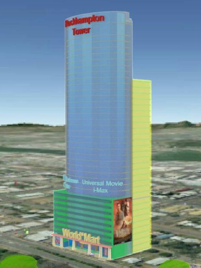 3D images of the 36-storey "Rockhampton Tower" to be built on the site of The Plaza Hotel on George St.