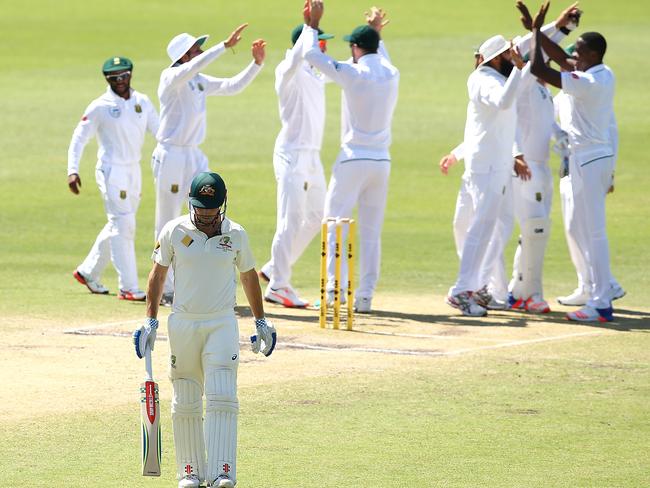 Shaun Marsh trudges off after being dismissed by South Africa’s Kagiso Rabada at the WACA last summer.