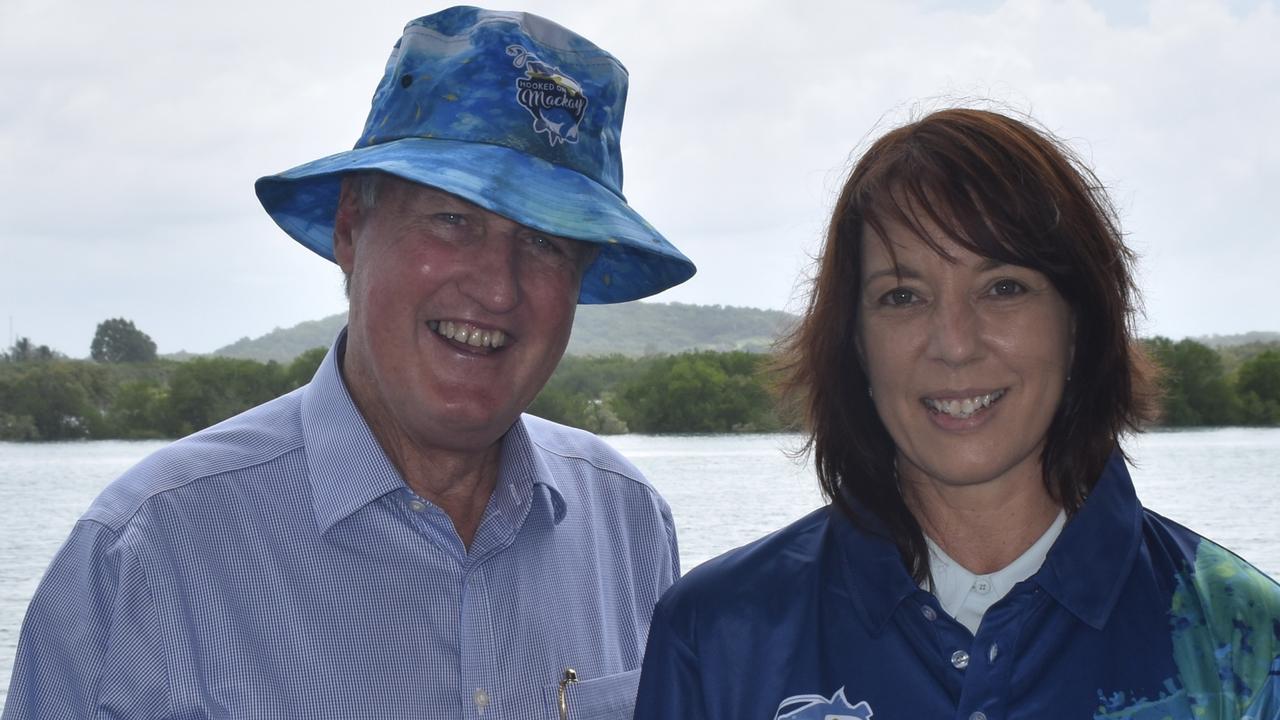 Mackay Mayor Greg Williamson and Mackay Regional Councillor Belinda Hassan at the launch of the Hooked on Mackay fishing competition. Picture: Matthew Forrest