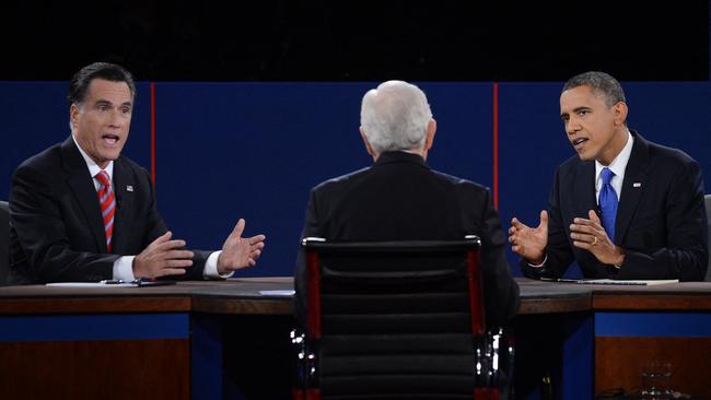 Barack Obama debates Mitt Romney at the third presidential debate at Lynn University in Boca Raton, Florida, 2012.