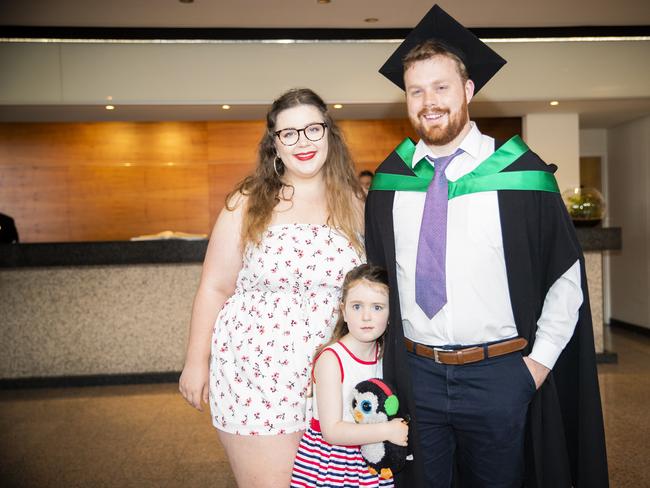 Madison Spaulding, Selby Cooper with Eleanor Cooper. University of Tasmania Hobart Graduations 2019, Wednesday morning. Picture: RICHARD JUPE