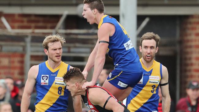 Williamstown players celebrate a goal during last year’s VFL finals series.