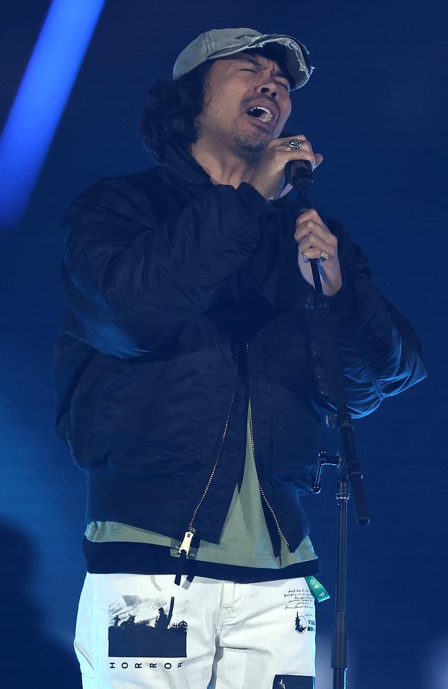 Singer Dougy Mandagi from The Temper Trap performs before Game Two of the men's State of Origin at the Melbourne Cricket Ground. Picture: Getty Images