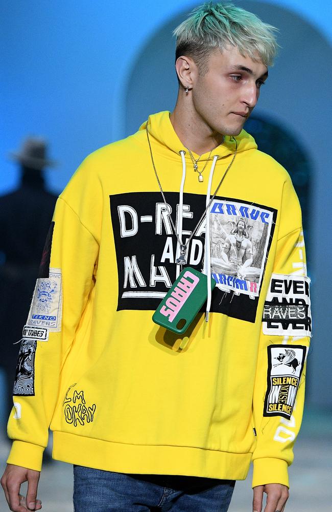 American model Anwar Hadid looked uncomfortable on the runway. Picture: AAP Image/Dan Himbrechts