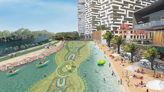 An artist's impression of how the new development along the Parramatta River, including 20,000 homes and a new urban beach, could appear. Photo: supplied