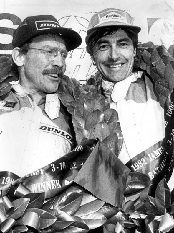 Peter Brock and co-driver Larry Perkins celebrate Brock’s record sixth victory in 1982 James Hardie 1000 at Mt Panorama, Bathurst. Motor Racing. Picture: Supplied