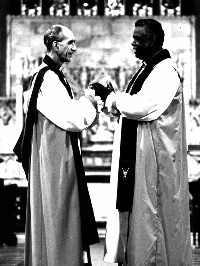 Anglican Archbishop Sir John Grindrod (L) &amp; Aboriginal Bishop Arthur Malcolm at St Andrews Cathedral in February 1988 for a ceremony to mark 200th anniversary of country's first church service. Pic News Limited