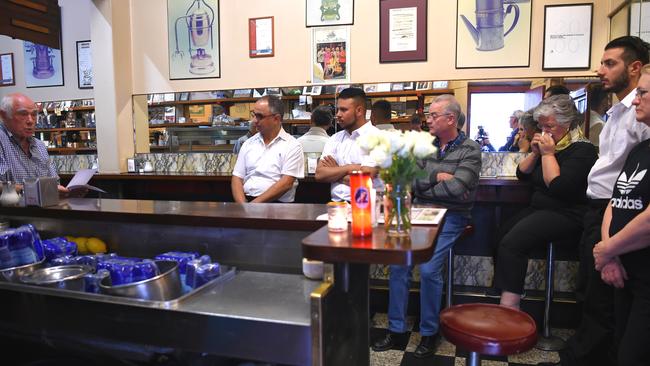 Nino Pangrazio co-owner of Pellegrini's and long time friend to Sisto speaks to staff before opening the doors. Pellegrini's reopening in a limited capacity after the tragic death of Sisto Malaspina killed by a terrorist in Bourke street on Friday. Picture: Nicole Garmston