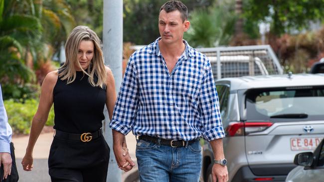 Pilot Michael Burbidge with wife Jade arriving at the Darwin Local Court on Thursday. Picture: NCA NewsWire/ Pema Tamang Pakhrin.