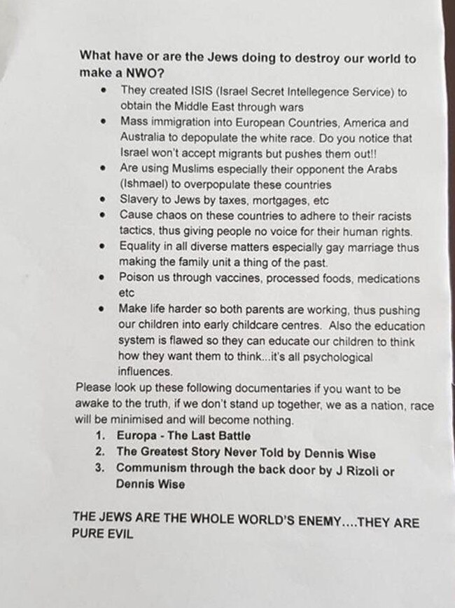 A copy of the anit-Semitic flyer being distributed around Melbourne's Footscray.