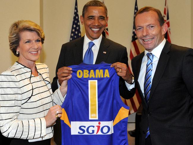 Julie Bishop and Tony Abbott presenting a West Coast Eagles Guernsey to Barack Obama in 2011 was clearly the highest point of the President’s term so far.