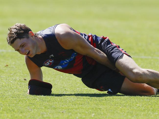 NCA. MELBOURNE, AUSTRALIA. 12th February, 2025 . Melbourne training at Gosche Paddock.  Judd McVee of the Demons after tearing his right hamstring  kicking  the ball on the run during training today     .  Picture: Michael Klein