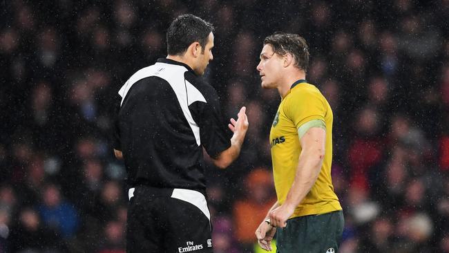 Michael Hooper speaks to the referee after the dubious decision. Picture: Getty Images