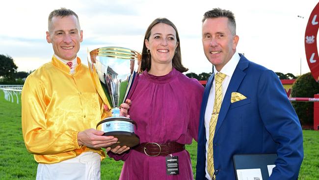 Grant Morgan (right) with Annabel Neasham and Blake Shinn after the Group 1 Doomben Cup triumph with Bois D'Argent. Picture: Grant Peters/Trackside Photography.